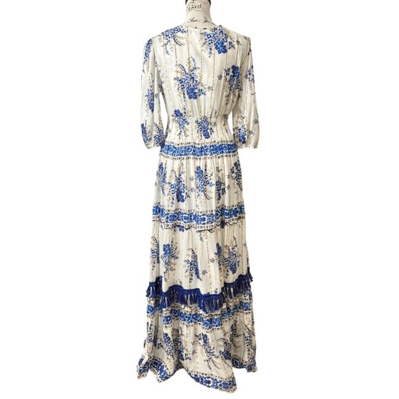Me 2 Magic Anthropologie Maxi Dress Bohemian Blue Floral Print Tassel Size XL - Picture 3 of 7